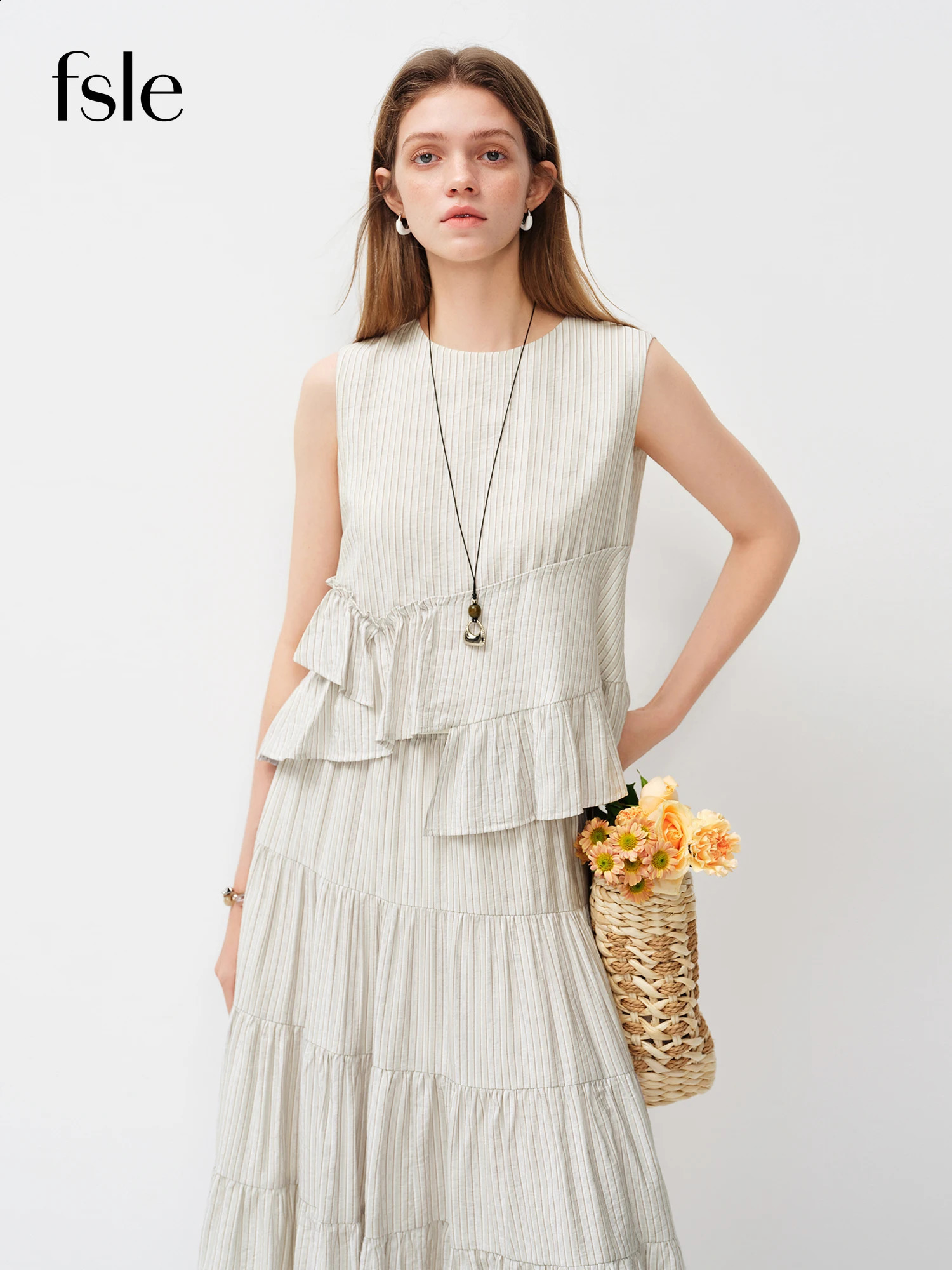 FSLE French-style Irregular Sleeveless Striped Shirt for Women Spring 2026 Style Ruffled Top Set Midi Skirts Tender Casual 260722BJ
