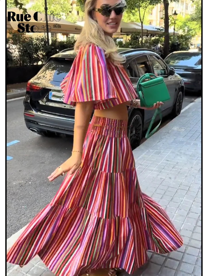 Women Rainbow Stripe Two Piece Set Casual Elastic Waist Tiered Maxi Skirts Suit 2026 Lady Summer Street Vacation Matching Outfit 260722BJ