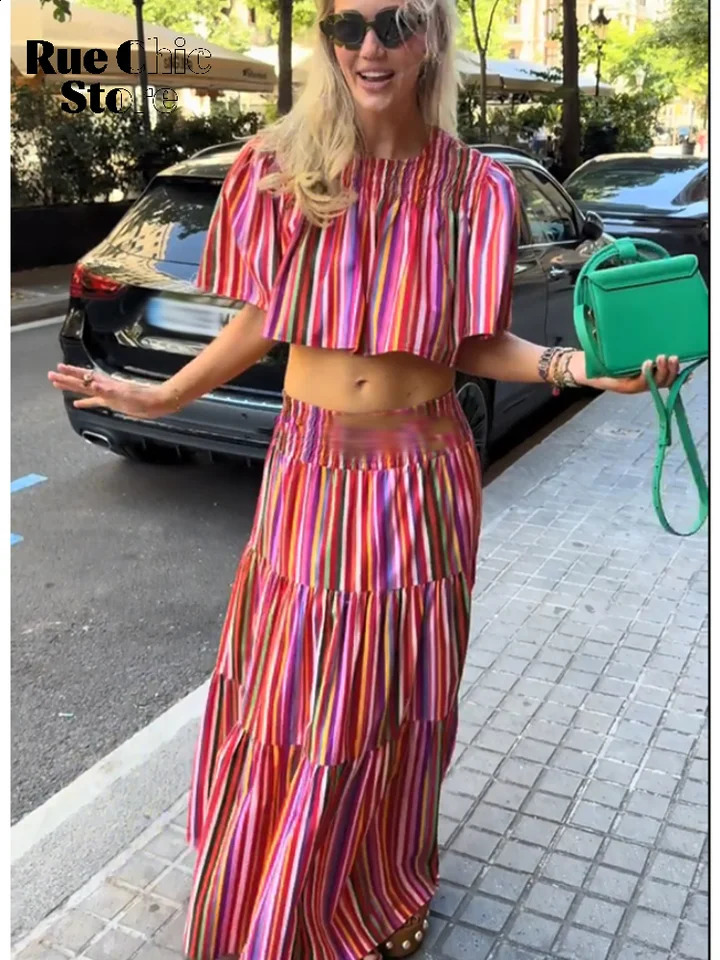 Women Rainbow Stripe Two Piece Set Casual Elastic Waist Tiered Maxi Skirts Suit 2026 Lady Summer Street Vacation Matching Outfit 260722BJ