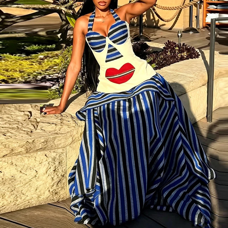 Y2K Style Fashion Striped Print 2 Piece Set Women Spring Lace-up Halter Top Maxi Skirts Outfit Summer Sleeveless Backless Suit a260722BJ - view 4
