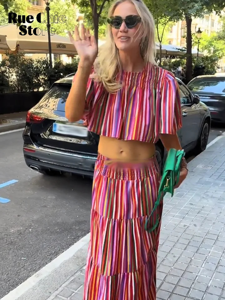 Women Rainbow Stripe Two Piece Set Casual Elastic Waist Tiered Maxi Skirts Suit 2026 Lady Summer Street Vacation Matching Outfit 260722BJ