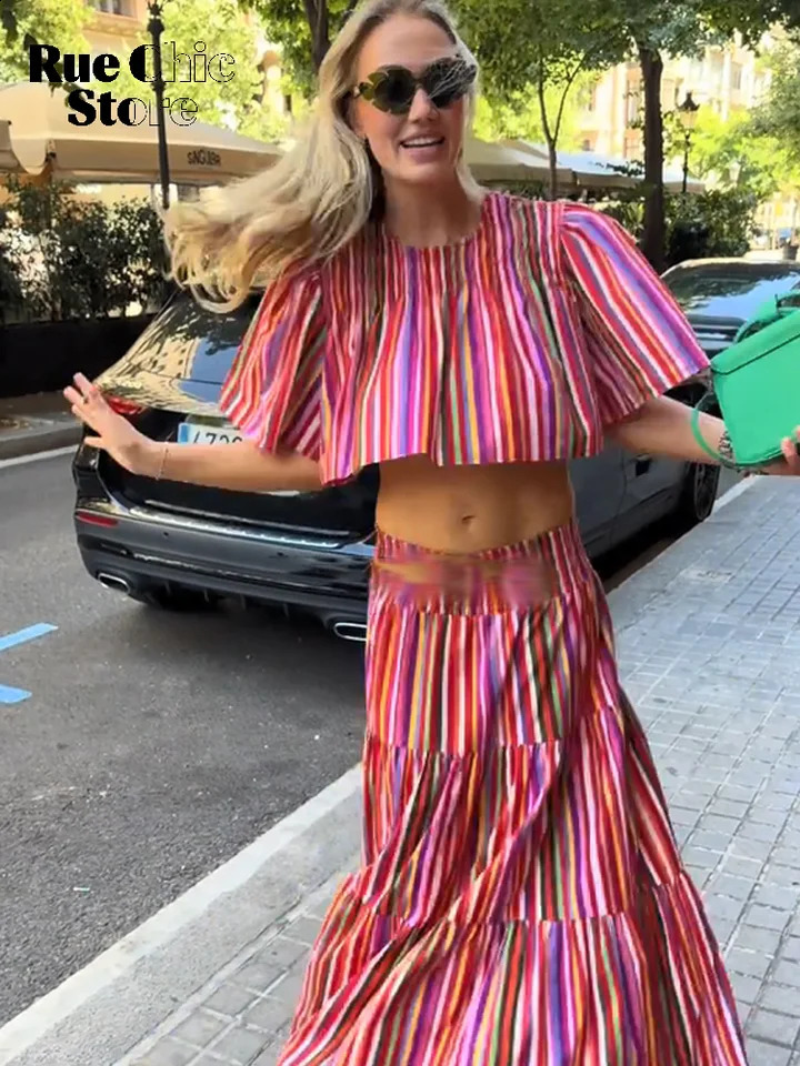 Women Rainbow Stripe Two Piece Set Casual Elastic Waist Tiered Maxi Skirts Suit 2026 Lady Summer Street Vacation Matching Outfit 260722BJ
