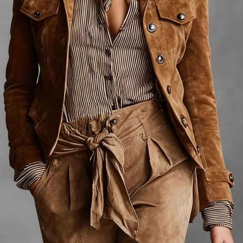 Solid Suede Retro Womens Jackets Outerwears Fashion Turn-down Collar Button Workwear Top Long Sleeve Slim Autumn Coat Cardigans T260723 - view 7