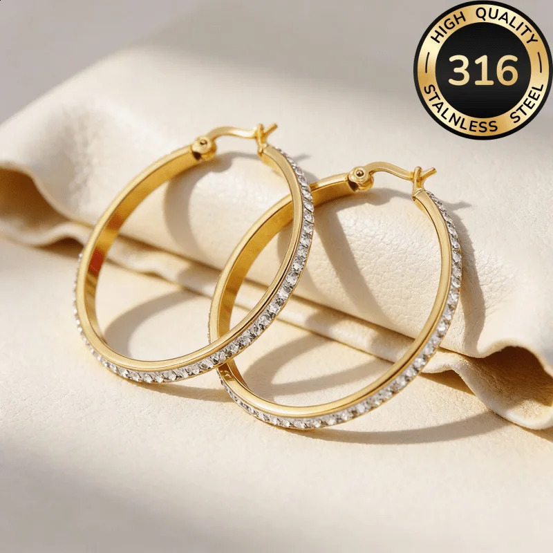 316L Stainless Steel Crystal Hoop Earrings Gold Silver Color Large Circle Hypoallergenic Earrings for Women Fashion Jewelry Gift260723 - view 6
