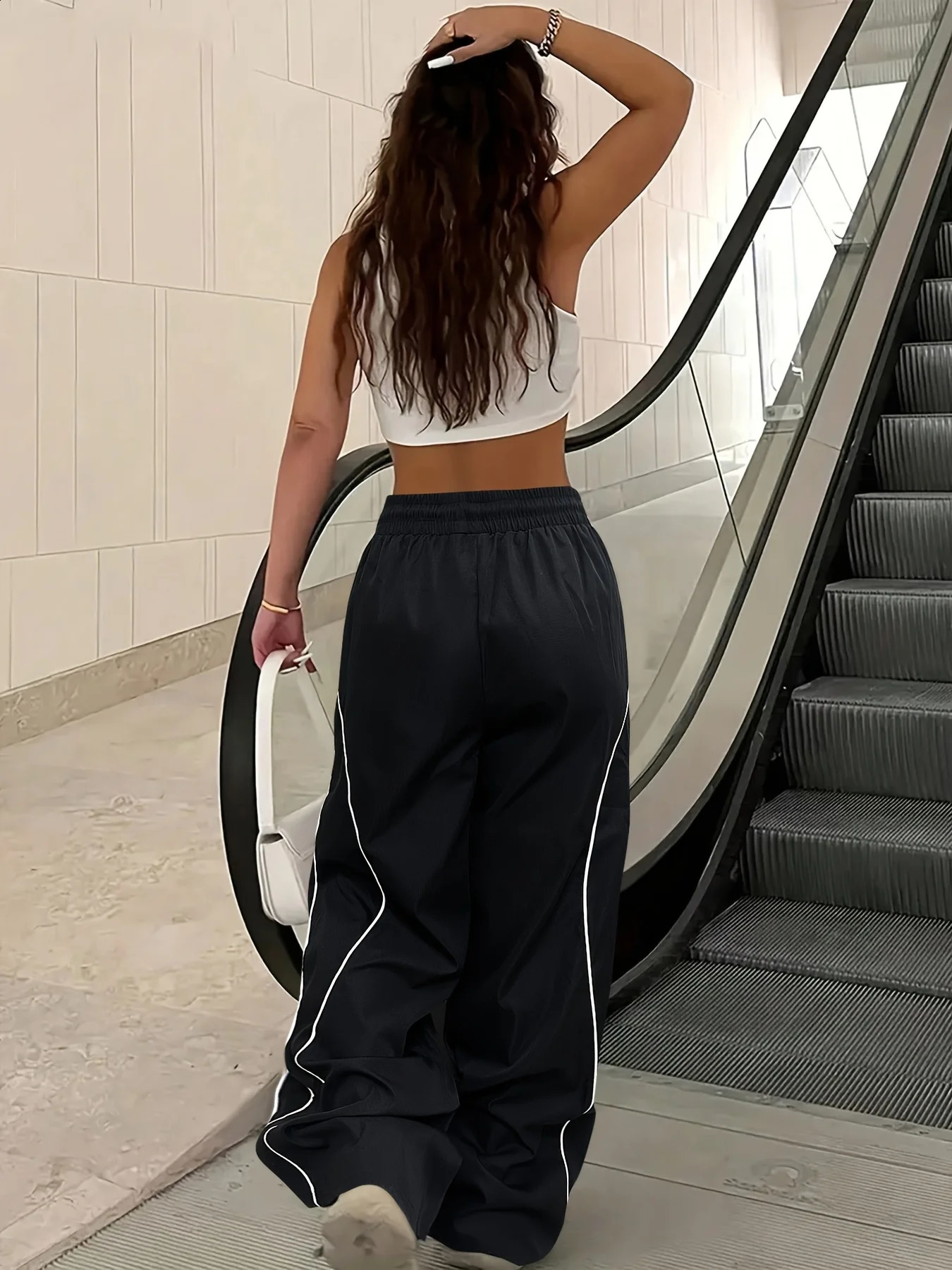 Y2K Casual Striped Contrasting Elastic Waist Workwear Parachute Pants Womens Mid-Rise Drawstring Wide Leg Loose Fit Cargo Pants 260722BJ - view 3
