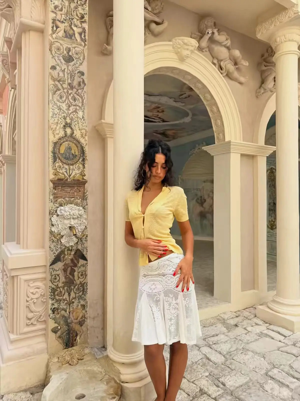 with white lace long-sleeve cardigan semi-sheer set low-waist pencil skirt A-line patchwork flared skirt 260722BJ - view 3