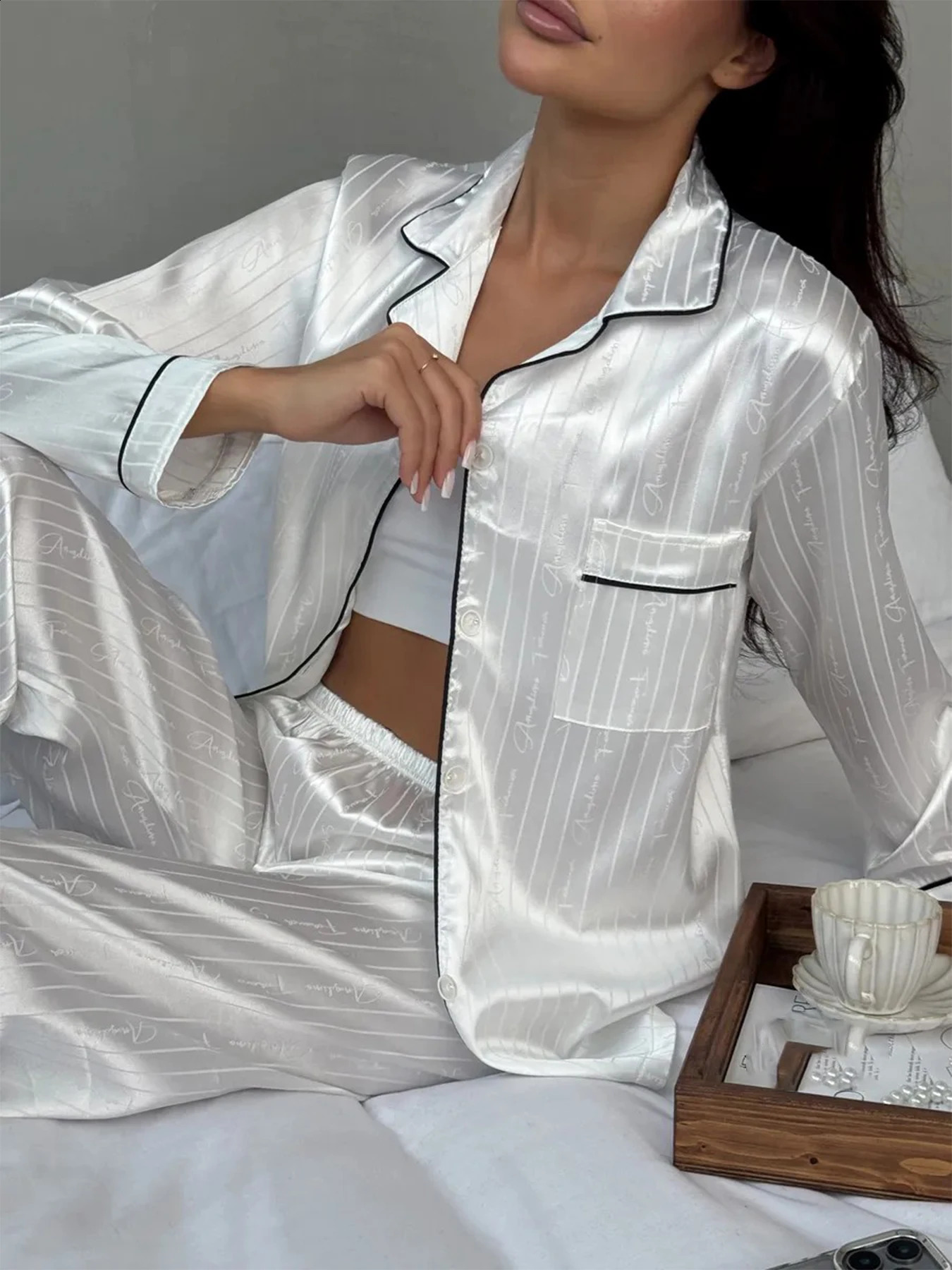 Pajamas Suit Women Ice Silk Thin Autumn Summer Loungewear Men Satin Solid Classic Striped Sleepwear Set Pijama Mujer 260720 - view 3