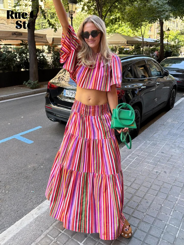 Women Rainbow Stripe Two Piece Set Casual Elastic Waist Tiered Maxi Skirts Suit 2026 Lady Summer Street Vacation Matching Outfit 260722BJ