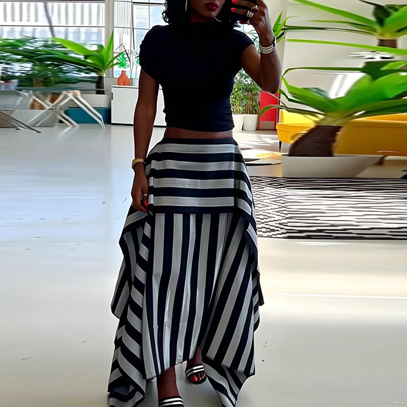 Y2K Style Fashion Striped Print 2 Piece Set Women Spring Lace-up Halter Top Maxi Skirts Outfit Summer Sleeveless Backless Suit a260722BJ - view 5