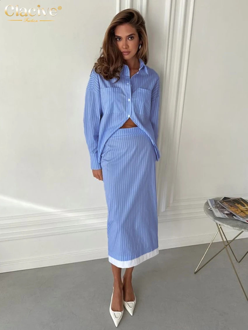 Clacive Fashion Loose Stripe 2 Piece Set Woman Outfit Elegant Long Sleeve Shirt With High Waist Midi Skirt Set Female 260722BJ