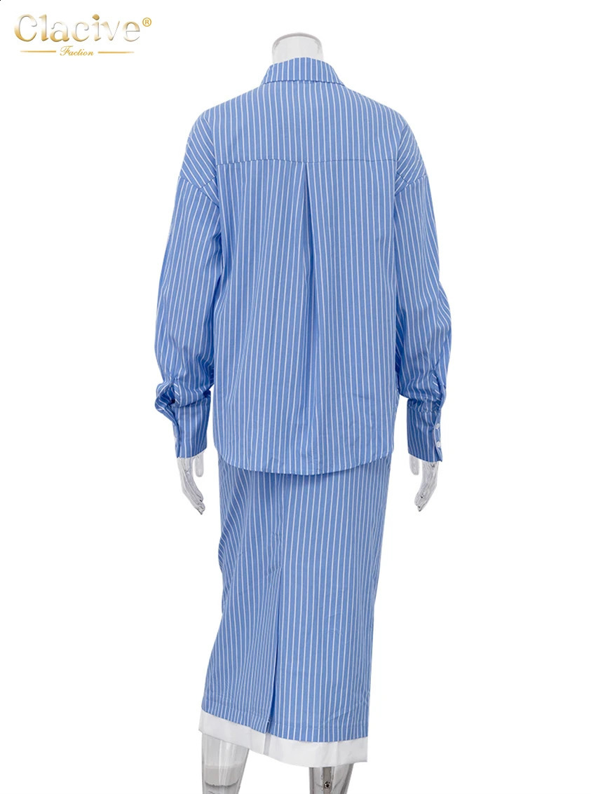 Clacive Fashion Loose Stripe 2 Piece Set Woman Outfit Elegant Long Sleeve Shirt With High Waist Midi Skirt Set Female 260722BJ