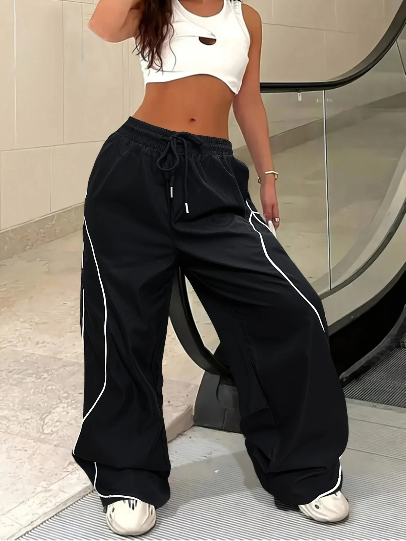 Y2K Casual Striped Contrasting Elastic Waist Workwear Parachute Pants Womens Mid-Rise Drawstring Wide Leg Loose Fit Cargo Pants 260722BJ - view 4