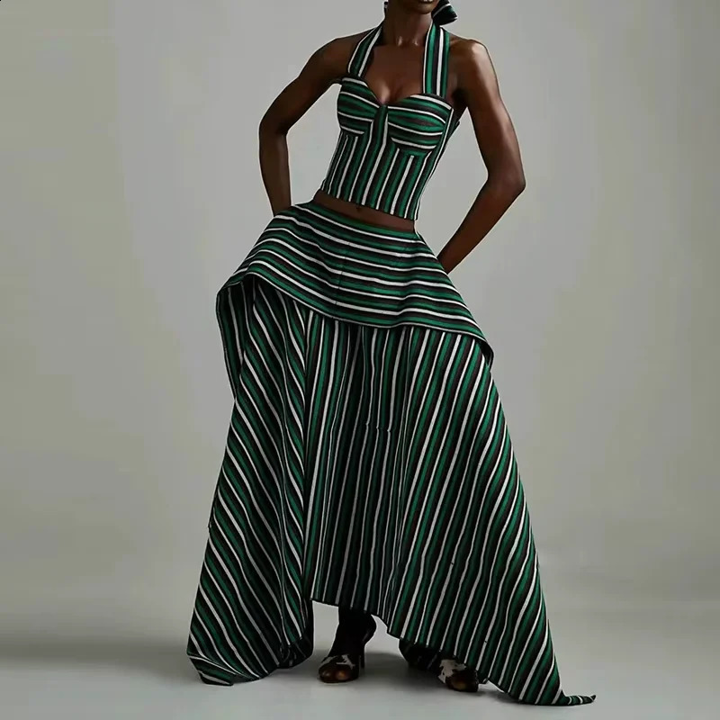 Y2K Style Fashion Striped Print 2 Piece Set Women Spring Lace-up Halter Top Maxi Skirts Outfit Summer Sleeveless Backless Suit a260722BJ - view 6