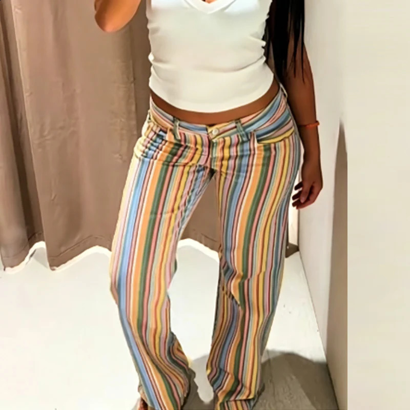 HXAO Rainbow Striped Jeans Womens Pants Spring 2026 Casual Straight Leg Mid-Waisted Trousers Fashion Streetwear Pants For Women 260722BJ