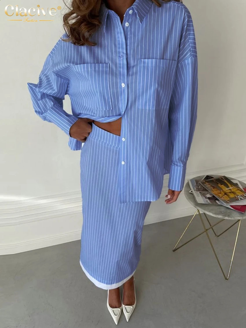 Clacive Fashion Loose Stripe 2 Piece Set Woman Outfit Elegant Long Sleeve Shirt With High Waist Midi Skirt Set Female 260722BJ