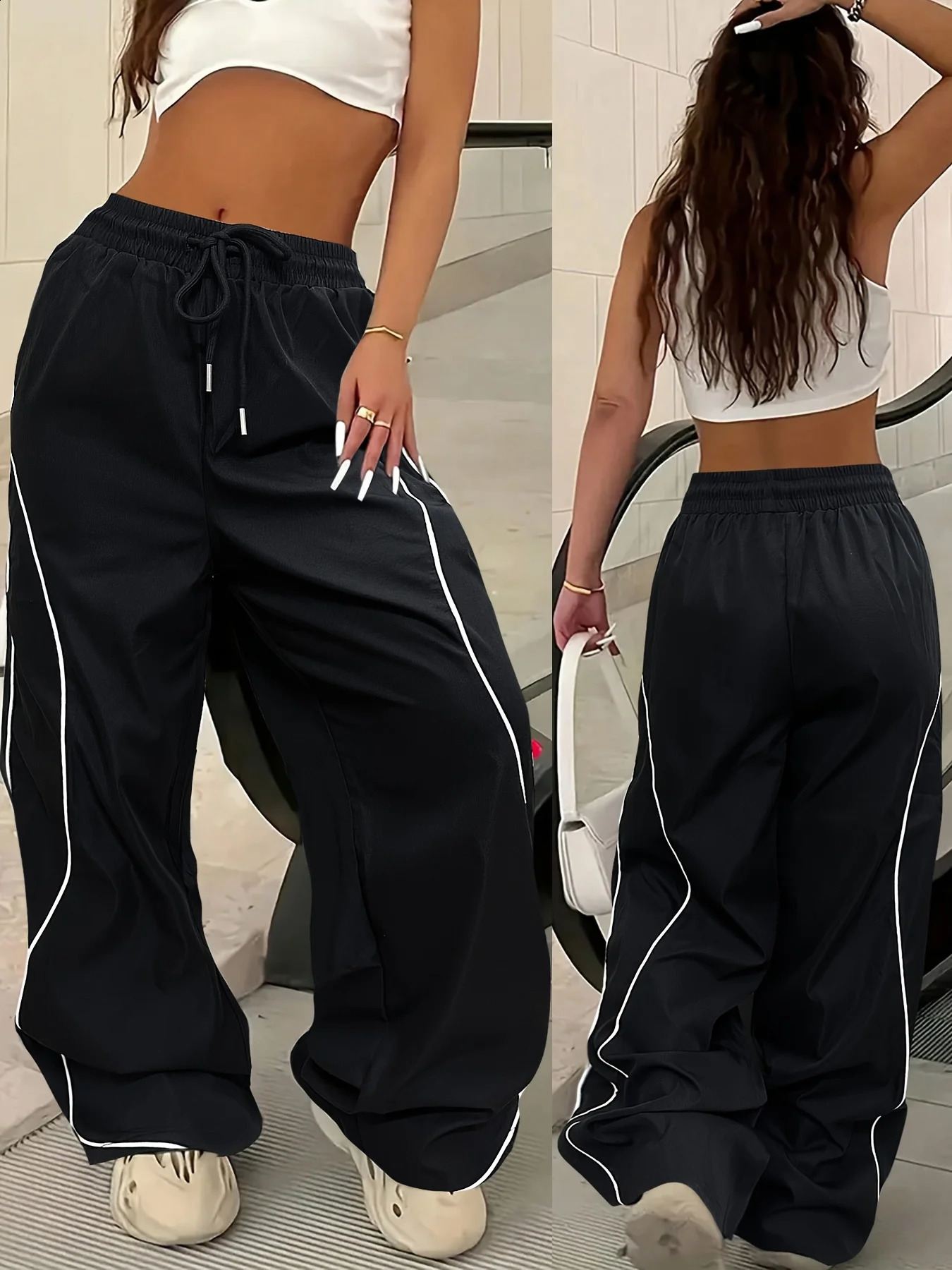 Y2K Casual Striped Contrasting Elastic Waist Workwear Parachute Pants Womens Mid-Rise Drawstring Wide Leg Loose Fit Cargo Pants 260722BJ