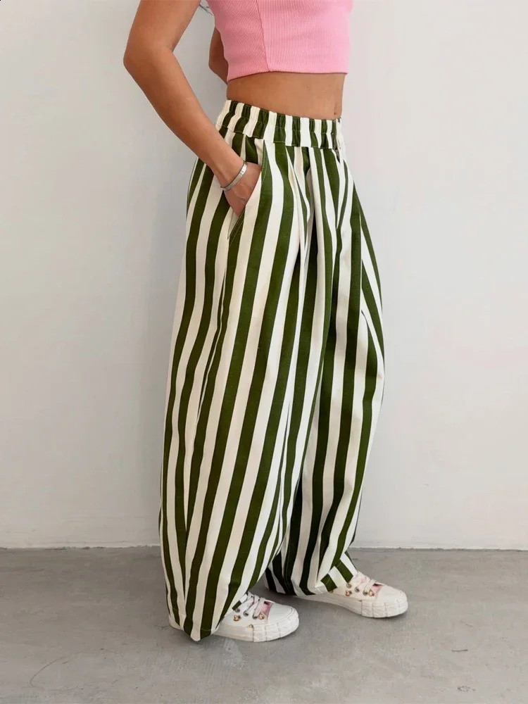 Casual Striped Balloon Pants Women Linen Elastic Waist Wide Leg Loose Fit Long Trousers 2026 Summer Lady Daily Street Wears 260722BJ