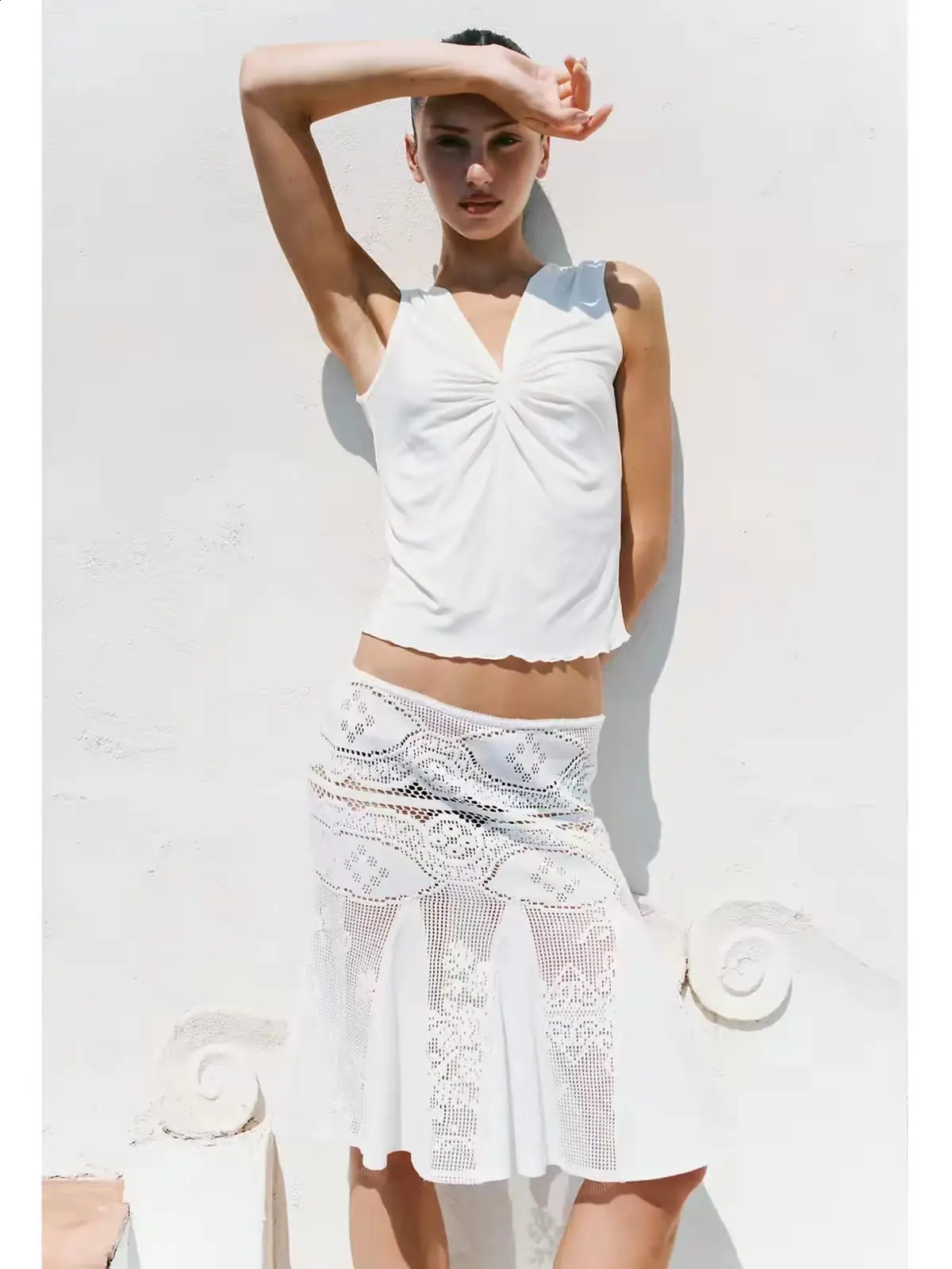with white lace long-sleeve cardigan semi-sheer set low-waist pencil skirt A-line patchwork flared skirt 260722BJ - view 6
