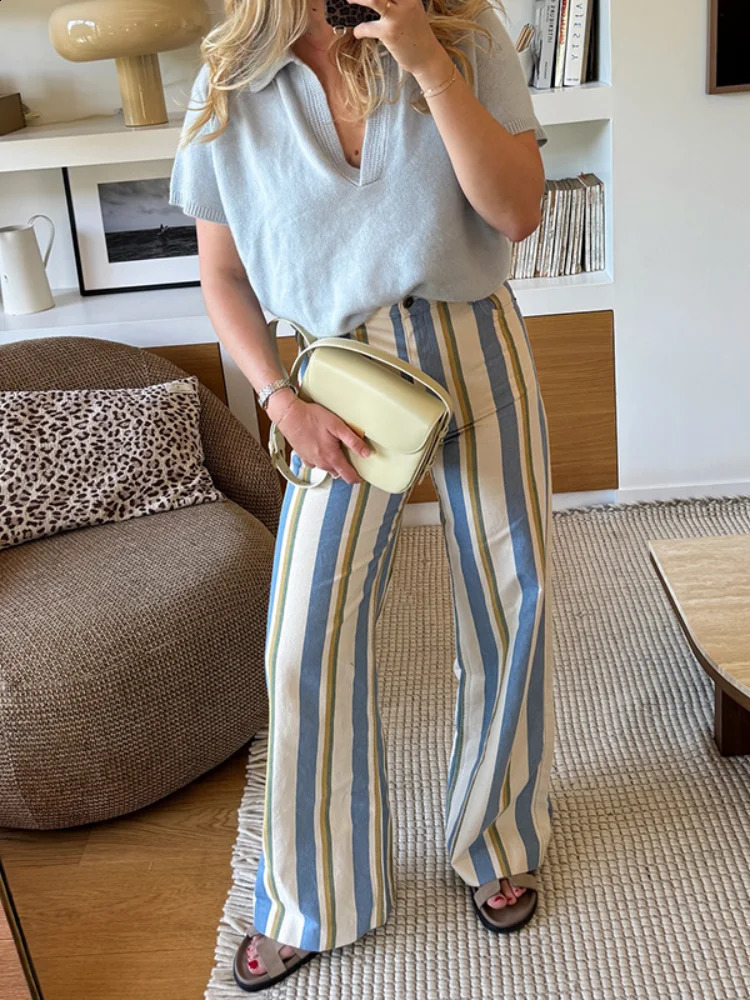 Stripe Loose Womens Pant Holiday Summer High Waist Contrast Zipper Button Female Trousers 2026 Fashion Beach Lady Pants 260722BJ - view 6