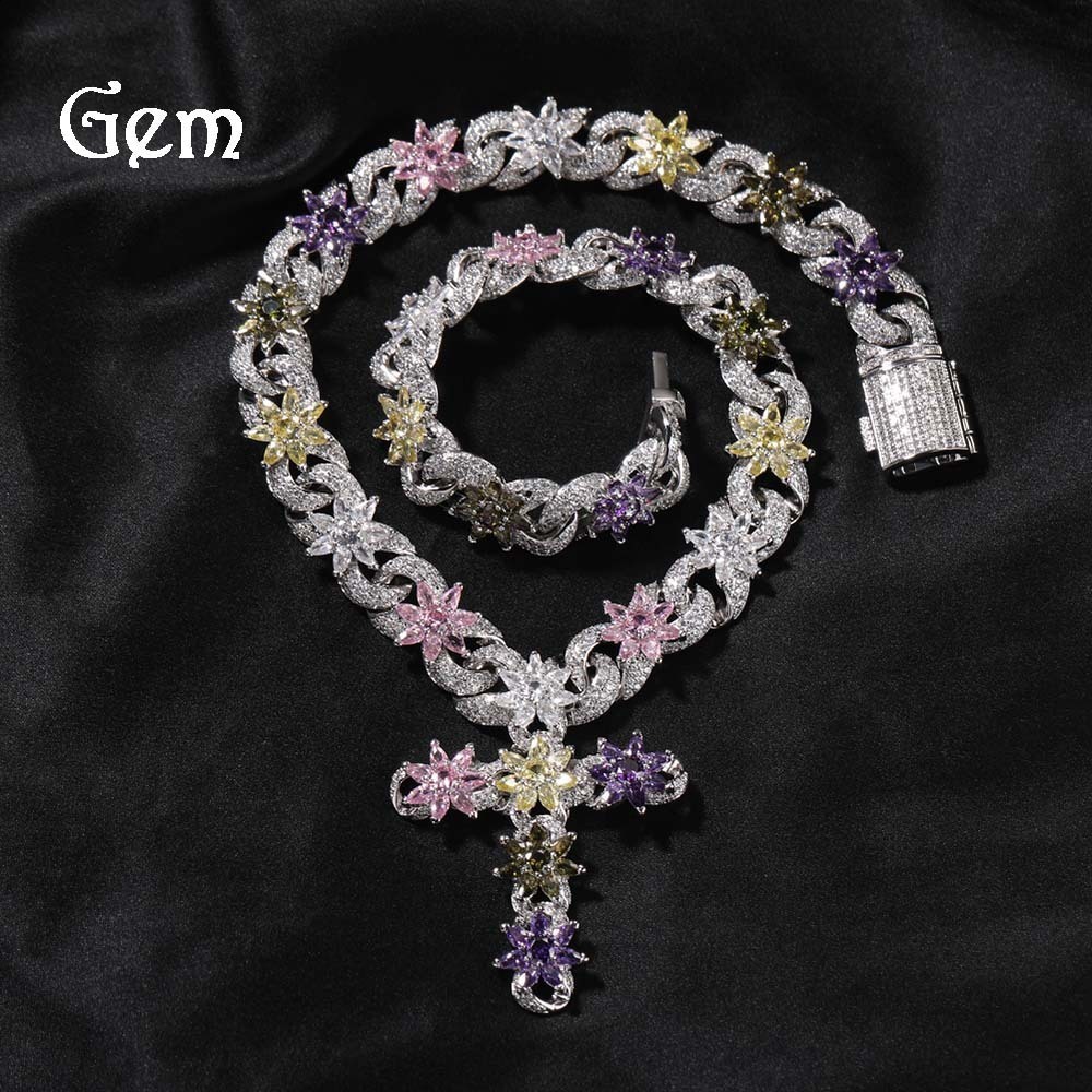Fiore Colorato Catena Cubana Completamente Pavimentato Ghiacciato Bling Cubic Z…