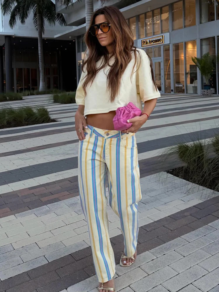 Stripe Loose Womens Pant Holiday Summer High Waist Contrast Zipper Button Female Trousers 2026 Fashion Beach Lady Pants 260722BJ - view 5