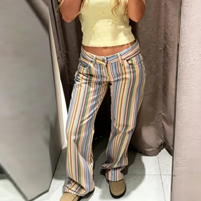 HXAO Rainbow Striped Jeans Womens Pants Spring 2026 Casual Straight Leg Mid-Waisted Trousers Fashion Streetwear Pants For Women 260722BJ