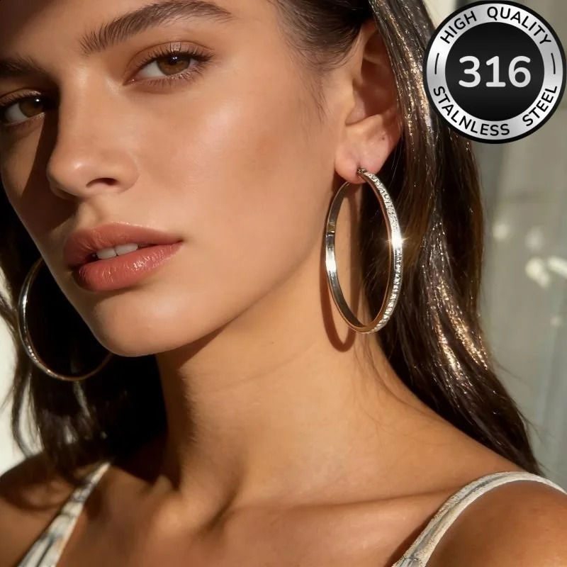 316L Stainless Steel Crystal Hoop Earrings Gold Silver Color Large Circle Hypoallergenic Earrings for Women Fashion Jewelry Gift260723 - view 4