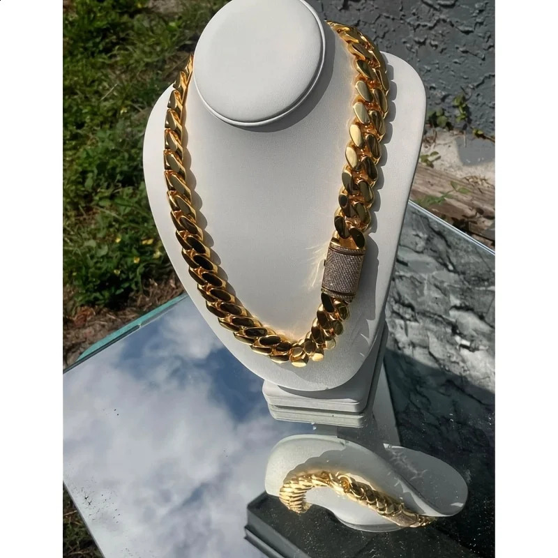 MenS Heavy Duty 15Mm Miami Cuban Chain 18K Gold Plated Mossanite Box Clasp Link Hip Hop Jewelry Gift for ValentineS Day St PatrickS Ramadan Carnival 2 - view 5