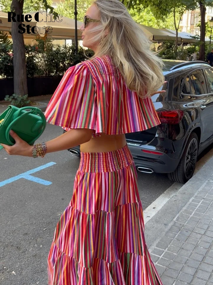 Women Rainbow Stripe Two Piece Set Casual Elastic Waist Tiered Maxi Skirts Suit 2026 Lady Summer Street Vacation Matching Outfit 260722BJ