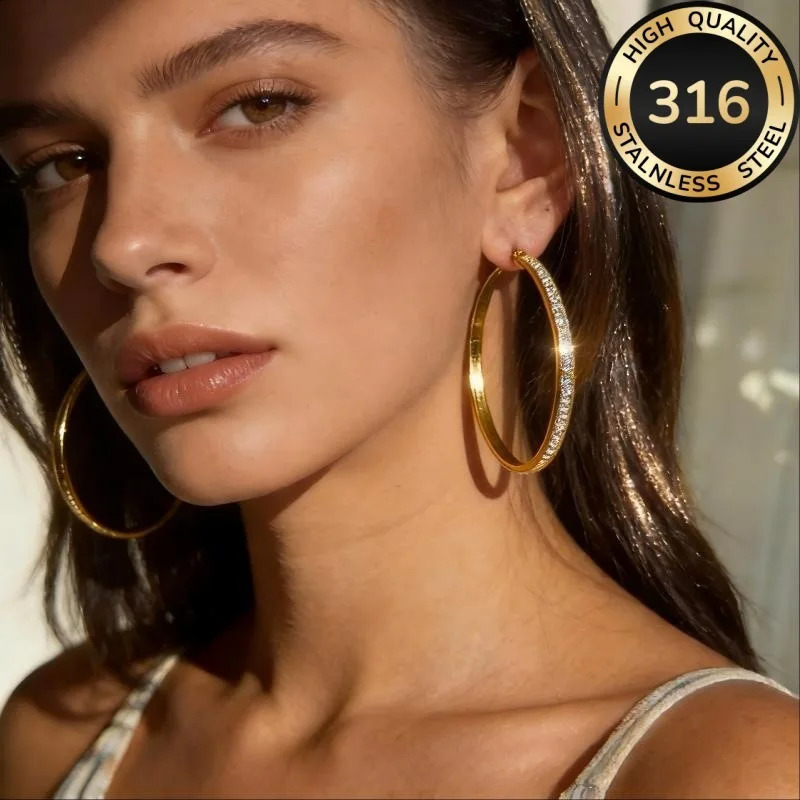 316L Stainless Steel Crystal Hoop Earrings Gold Silver Color Large Circle Hypoallergenic Earrings for Women Fashion Jewelry Gift260723 - view 3