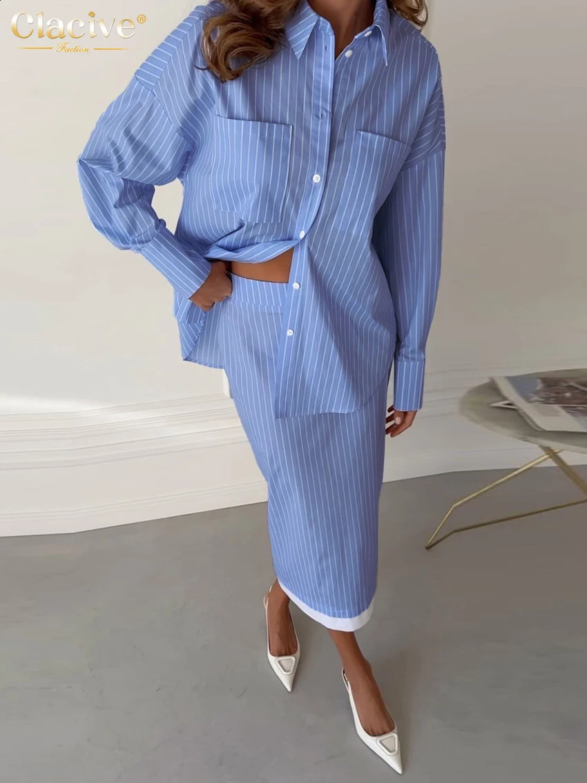 Clacive Fashion Loose Stripe 2 Piece Set Woman Outfit Elegant Long Sleeve Shirt With High Waist Midi Skirt Set Female 260722BJ
