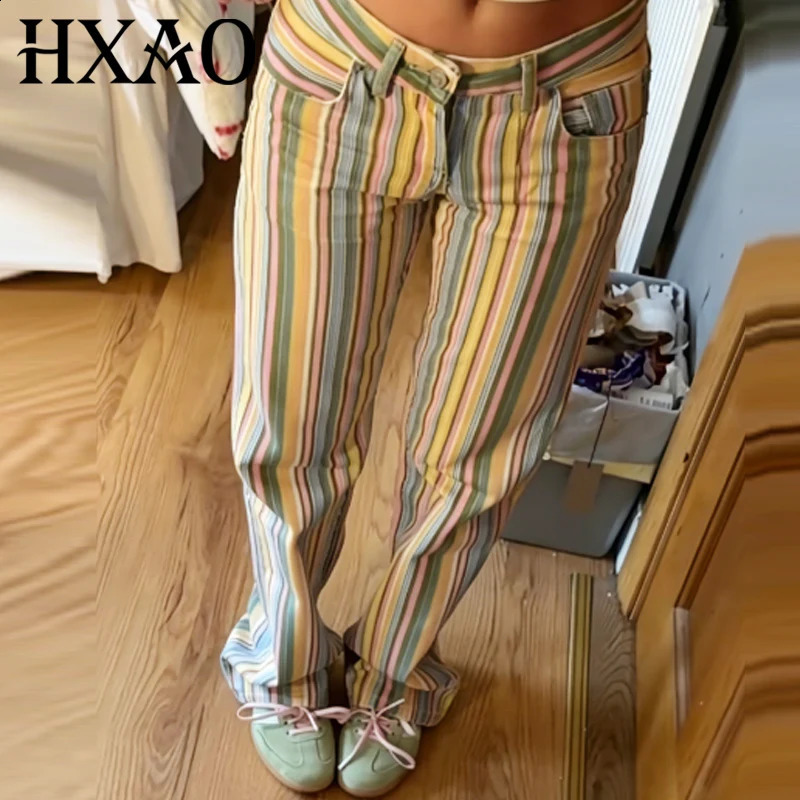 HXAO Rainbow Striped Jeans Womens Pants Spring 2026 Casual Straight Leg Mid-Waisted Trousers Fashion Streetwear Pants For Women 260722BJ