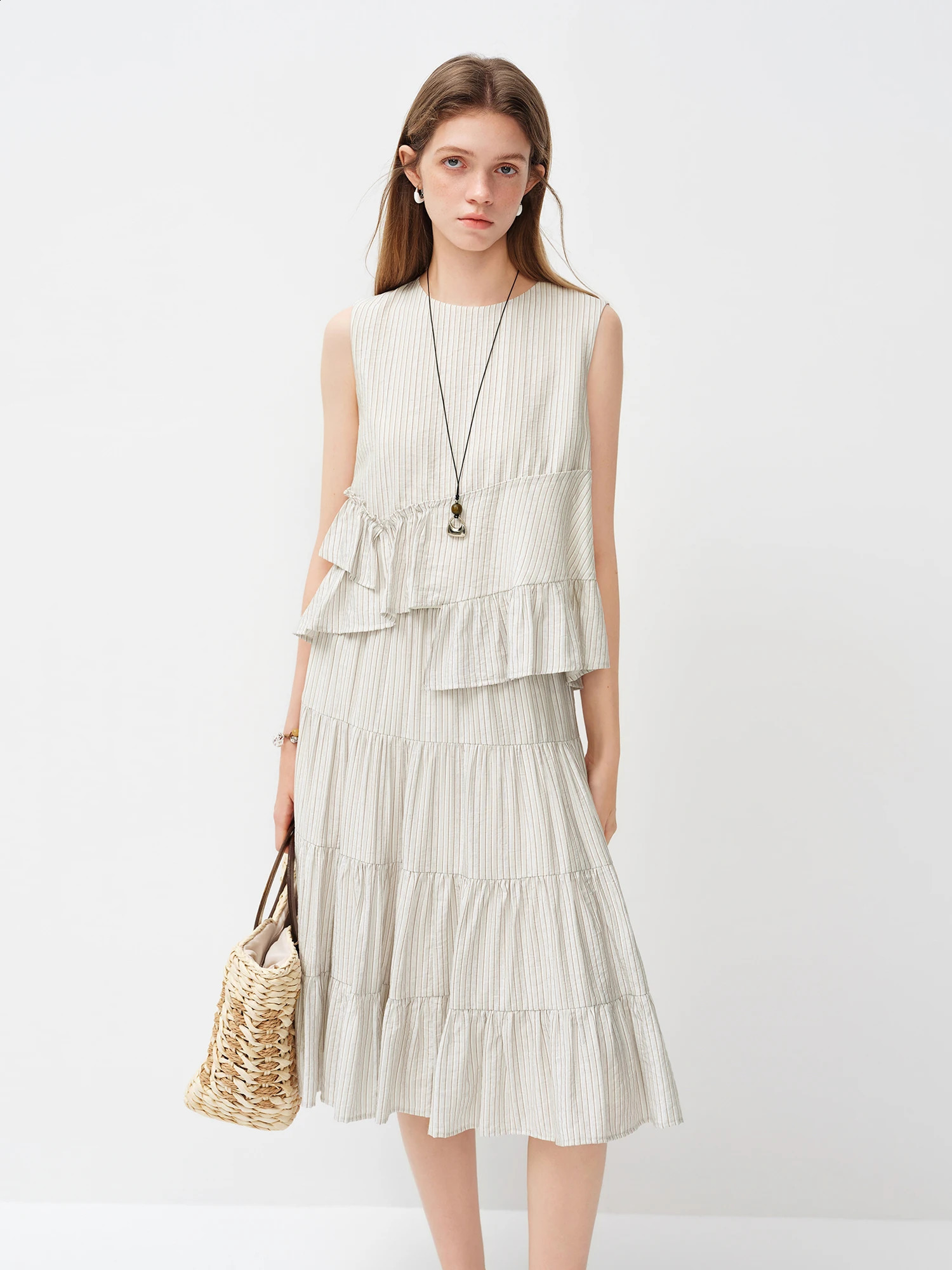 FSLE French-style Irregular Sleeveless Striped Shirt for Women Spring 2026 Style Ruffled Top Set Midi Skirts Tender Casual 260722BJ - view 3