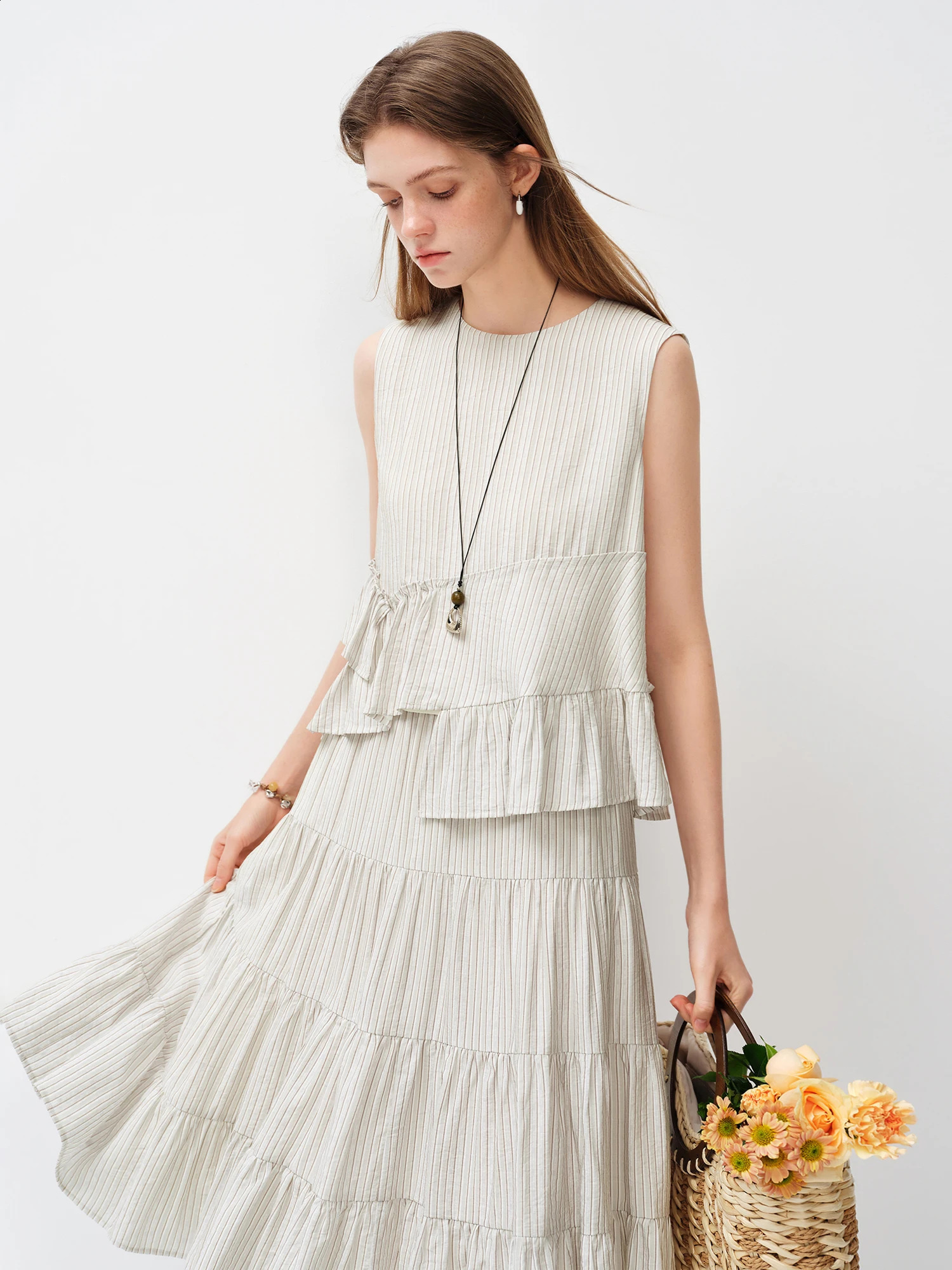 FSLE French-style Irregular Sleeveless Striped Shirt for Women Spring 2026 Style Ruffled Top Set Midi Skirts Tender Casual 260722BJ - view 5