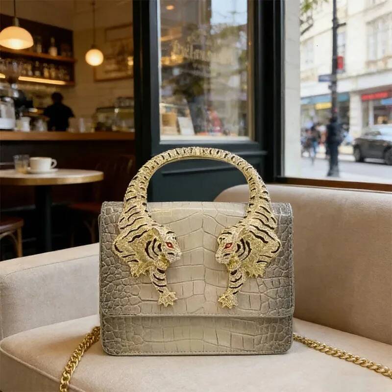 Luxury Tote Shoulder Bags Roar Croc Embossed Handbag Women Genuine Crocodile Scale-Effect Leather Signature Tiger Motif Crystal Embellishment Shoulder - view 9