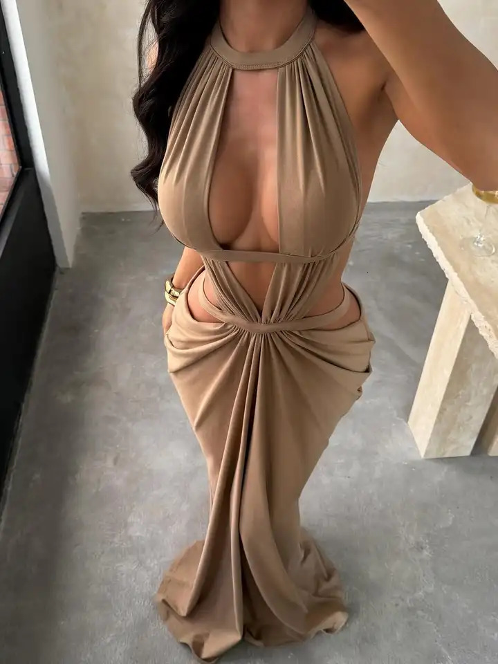 Halter Cut-Out Draped Super-Cut Back Bare Elegant Party Maxi Dress Waistless Backless Sleeveless Khaki Evening Prom Long Dress 260724bj - view 5