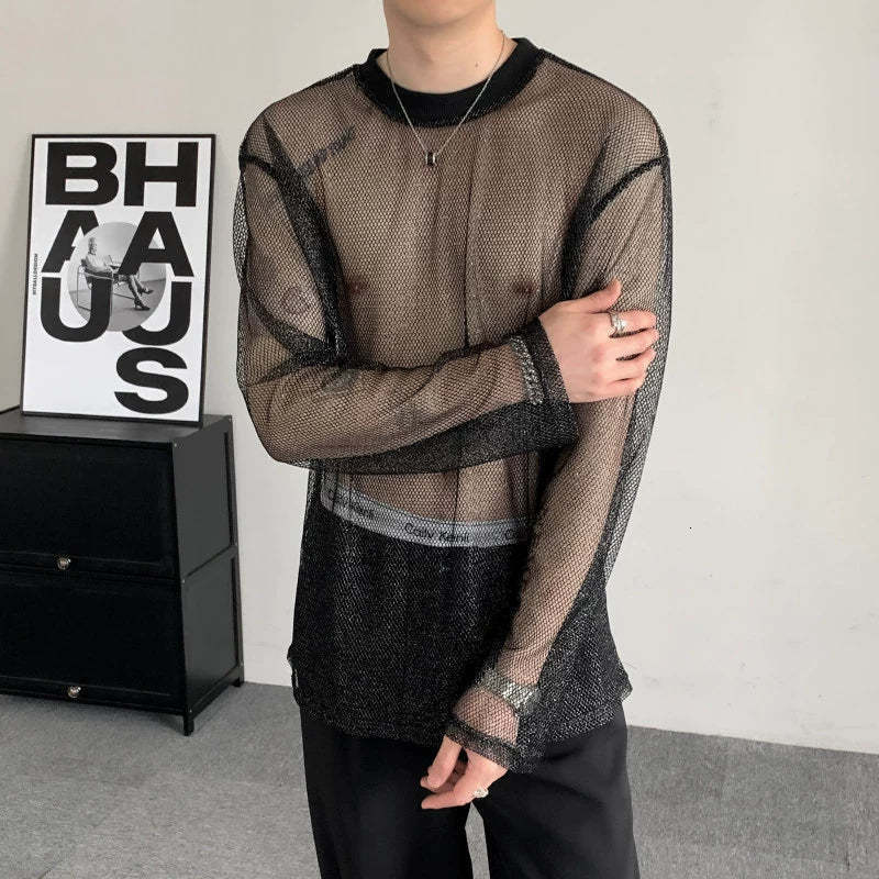 Men Sheer Fishnet Mesh Long Sleeve T Shirt Crew Neck See Through Hollow Out Slim Casual Tee Gothic Punk Nightclub Streetwear See Through Cover Up Top - view 5