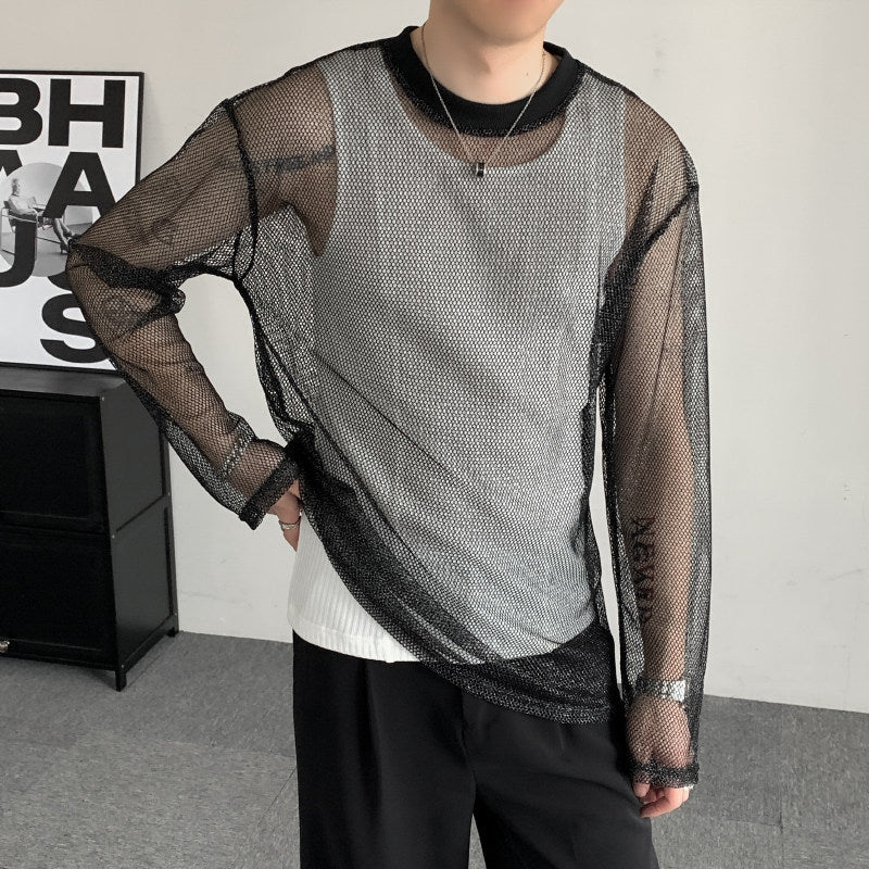 Men Sheer Fishnet Mesh Long Sleeve T Shirt Crew Neck See Through Hollow Out Slim Casual Tee Gothic Punk Nightclub Streetwear See Through Cover Up Top - view 4