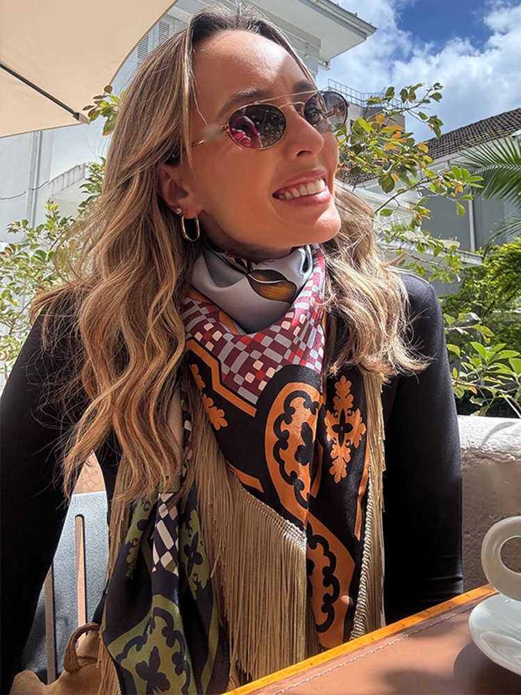 Fashion Vintage Printed Tassel Square Scarf Women Fringe Patchwork Shawl Waist Seal Accessories 2026 Spring Summer Street Shawls 260724 - view 4