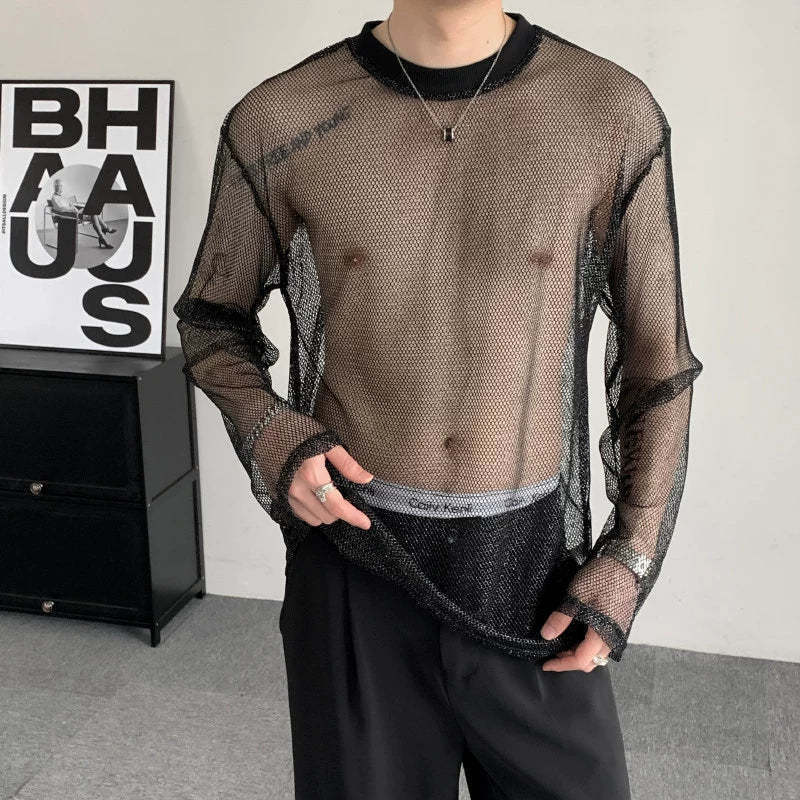 Men Sheer Fishnet Mesh Long Sleeve T Shirt Crew Neck See Through Hollow Out Slim Casual Tee Gothic Punk Nightclub Streetwear See Through Cover Up Top