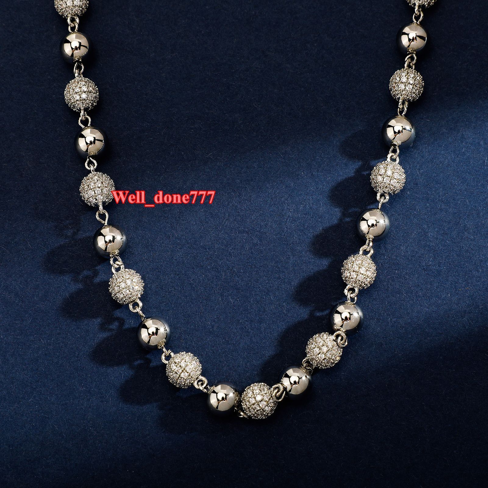 Hip Hop Round Ball Bead Chain Necklace with Pave Diamond Spacer Balls Silver Plated Iced Out Jewelry for Party Unisex Charms - view 3