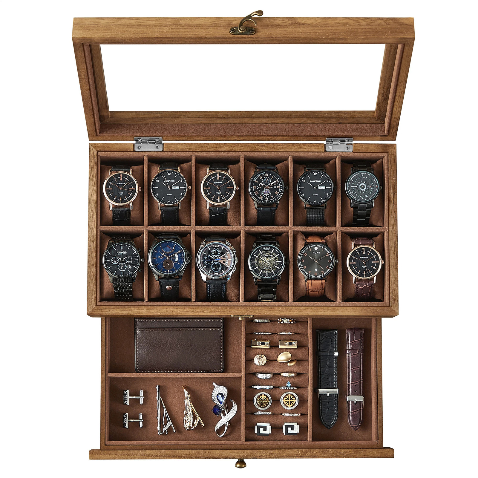 SONGMICS 12-Slot Watch Box 2-Tier Watch Display Case with Large Glass Lid Removable Watch Pillows Velvet Lining Jewelry Box 260723CJ