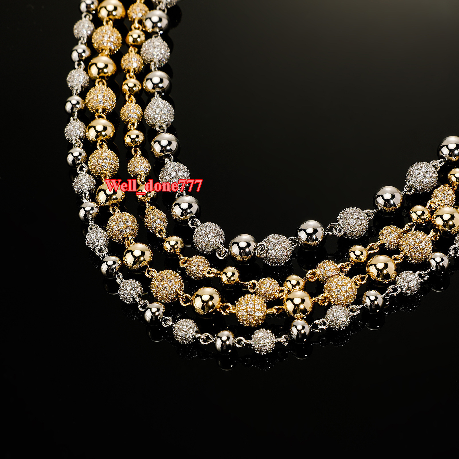 Hip Hop Round Ball Bead Chain Necklace with Pave Diamond Spacer Balls Silver Plated Iced Out Jewelry for Party Unisex Charms