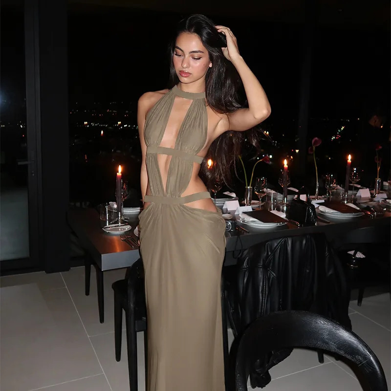Halter Cut-Out Draped Super-Cut Back Bare Elegant Party Maxi Dress Waistless Backless Sleeveless Khaki Evening Prom Long Dress 260724bj - view 6