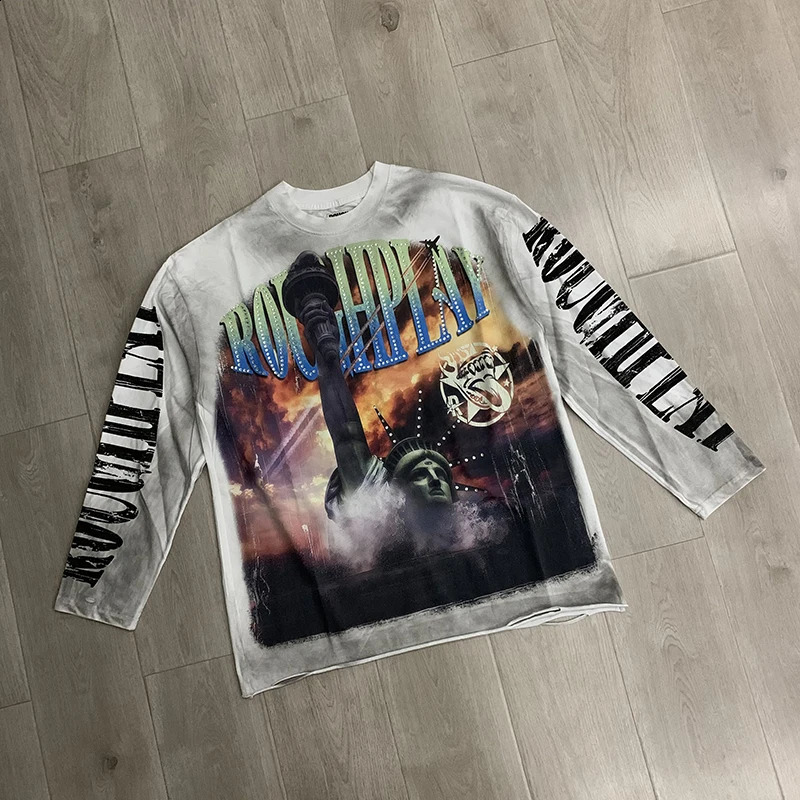 Rough Play Long Sleeve American Retro Goddess Torch Printed T-shirt High Quality Loose Casual Mens Rough Play Top 260723 - view 3