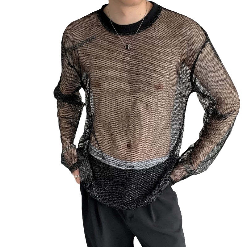Men Sheer Fishnet Mesh Long Sleeve T Shirt Crew Neck See Through Hollow Out Slim Casual Tee Gothic Punk Nightclub Streetwear See Through Cover Up Top - view 6