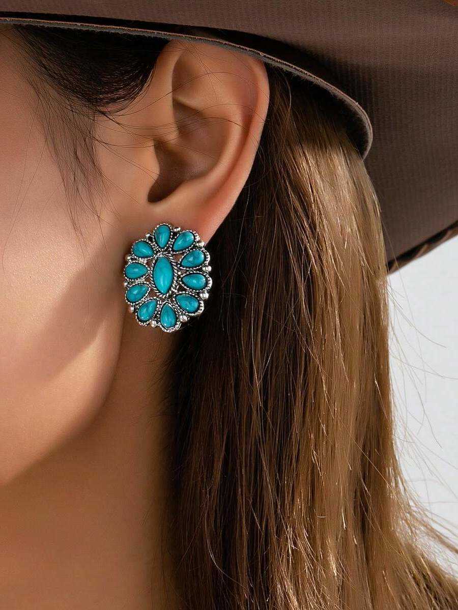 1 Paio Di Orecchini A Grappolo Di Turchese Blu Occidentale Per Le Donne Orecchini Vintage In Argento Sud-Ovest Orecchini Da Cowboy Cowgirl H260724-image