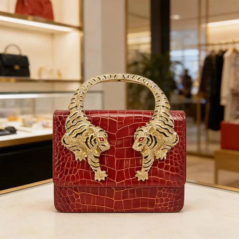 Luxury Tote Shoulder Bags Roar Croc Embossed Handbag Women Genuine Crocodile Scale-Effect Leather Signature Tiger Motif Crystal Embellishment Shoulder - view 7
