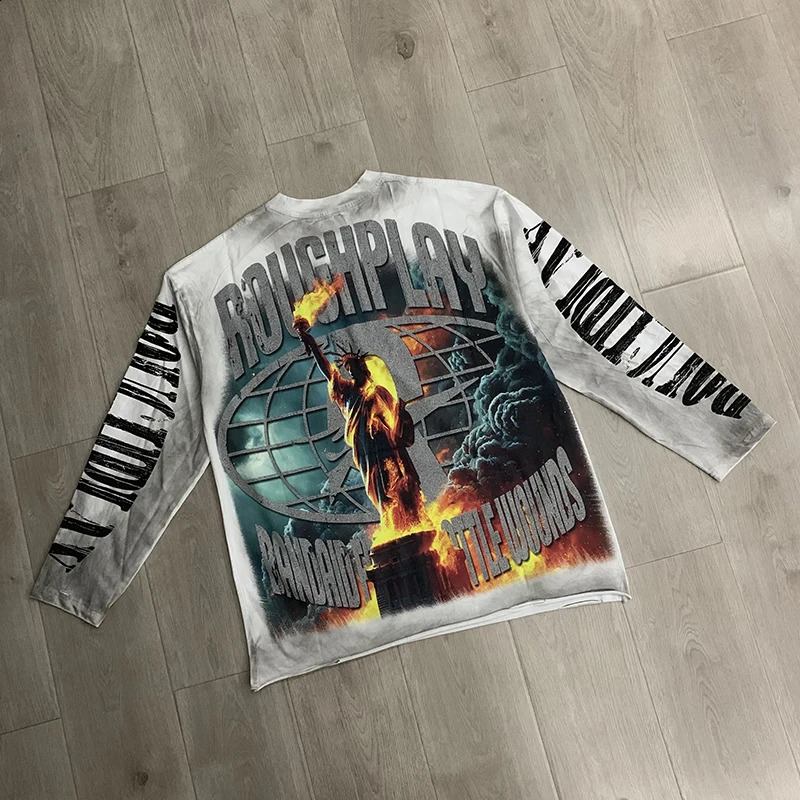 Rough Play Long Sleeve American Retro Goddess Torch Printed T-shirt High Quality Loose Casual Mens Rough Play Top 260723 - view 4