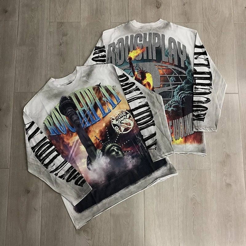 Rough Play Long Sleeve American Retro Goddess Torch Printed T-shirt High Quality Loose Casual Mens Rough Play Top 260723